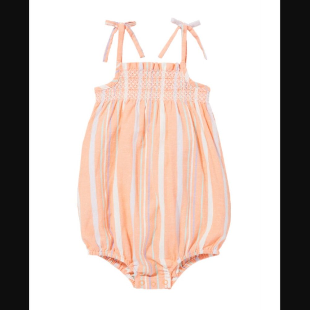 Seed Heritage Multi Striped Smocked Bubble Romper Tie Shoulders Cotton Linen